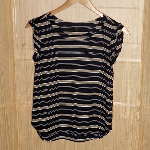 Ann Taylor Factory Petite Navy White Gold Striped Silky Blouse XS - Picture 1 of 5